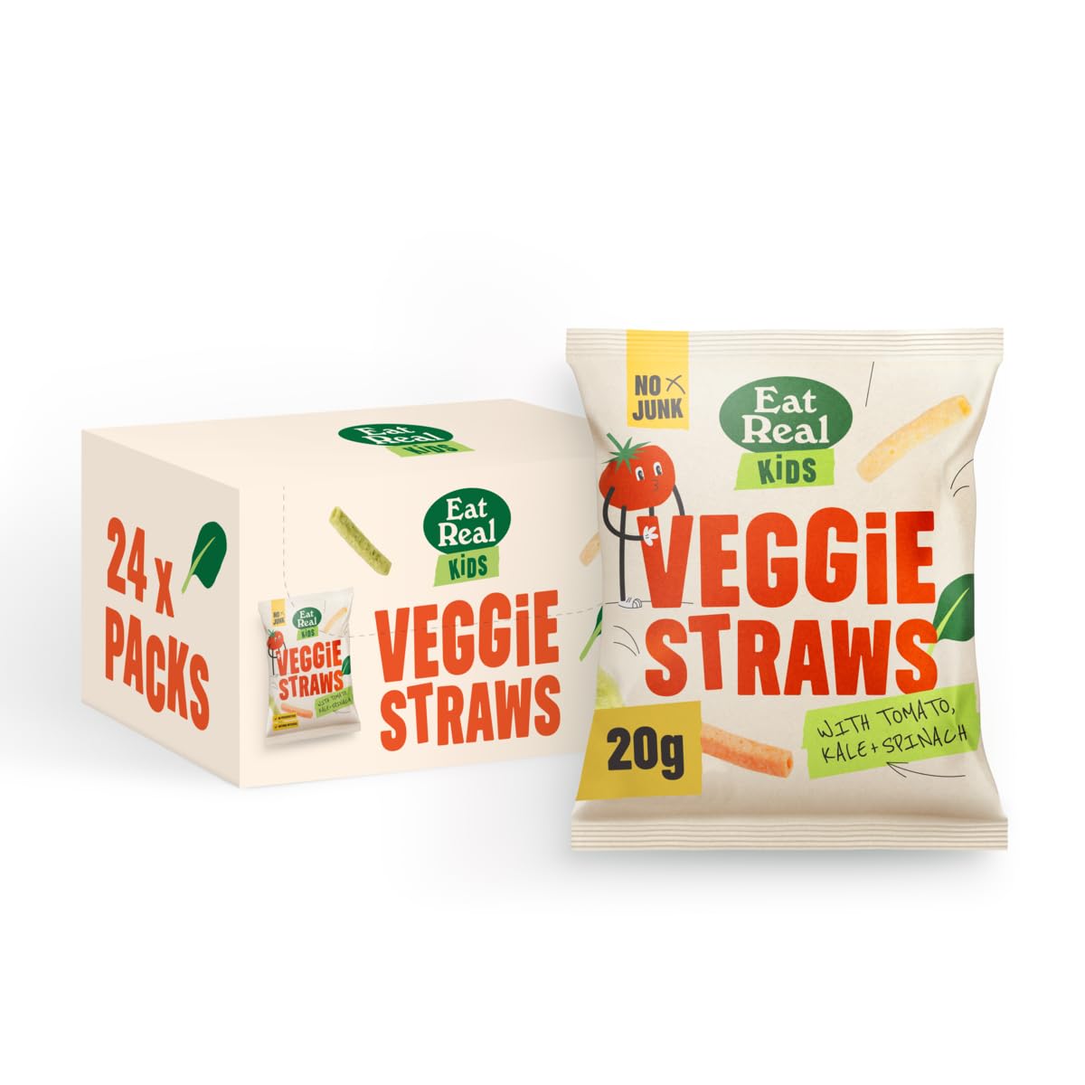 Eat Real Kids Veggie Straws Multibox, 24 x 20g, Tomato Spinach Kale, Gluten-Free Snack
