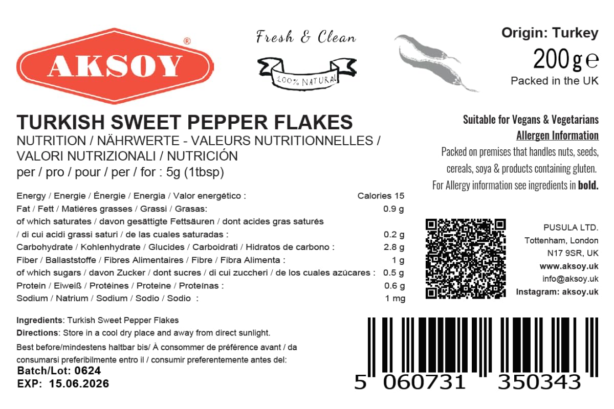 Aksoy Premium Turkish Sweet Red Pepper Flakes 200g - Mild & Sweet Flavor, Resealable Pack 6