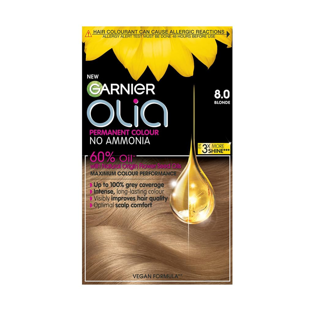Garnier Olia 8.0 Blonde Permanent Hair Dye - 60% Oil Powered Formula, No Ammonia, Up to 100% Grey Coverage