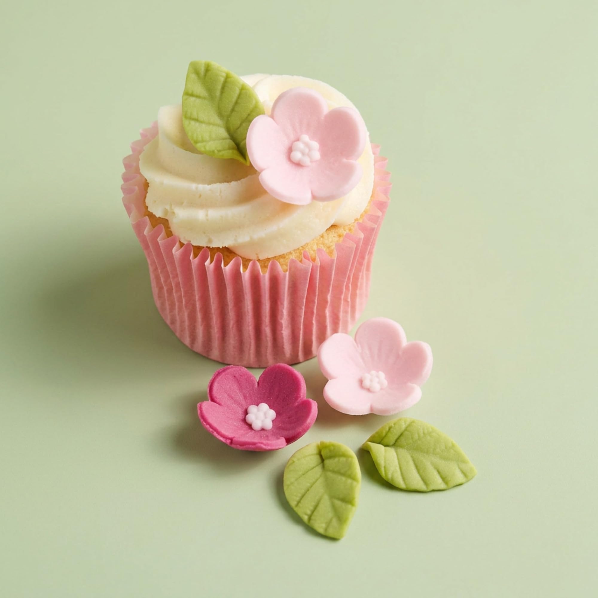 Baked with Love - 12 Pack Handmade Edible Sugar Flowers and Leaves Cupcake Toppers | Pink & Green 3