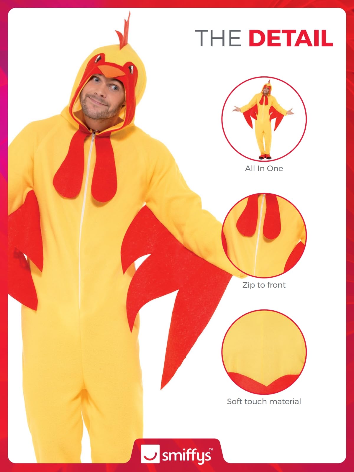 Smiffys Chicken Costume - Bright Yellow Hooded Jumpsuit with Beak and Comb for Adults 5