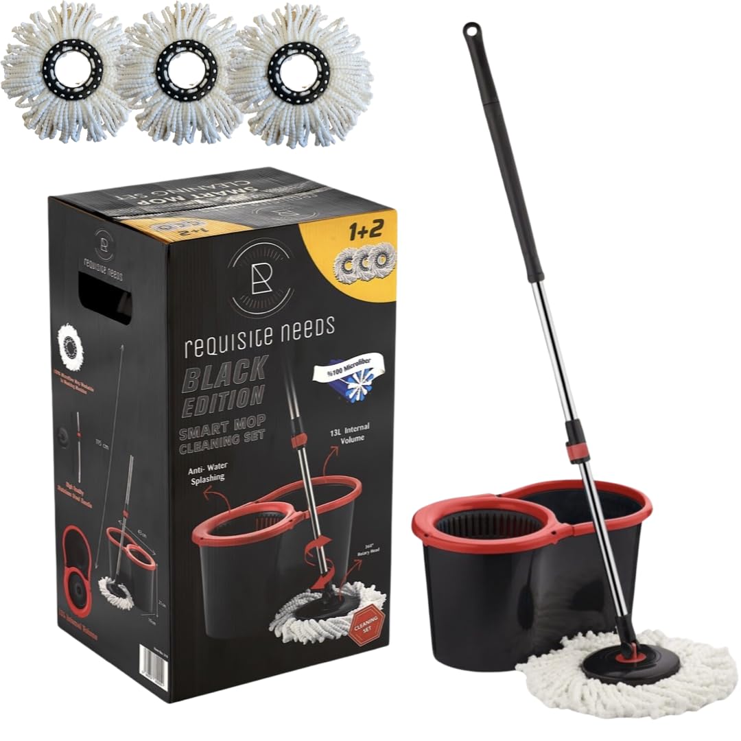 Requisite Needs Smart Spin Mop and Bucket Set – 360° Rotatable Microfiber Mop with Adjustable Stainless Steel Handle – Black 9
