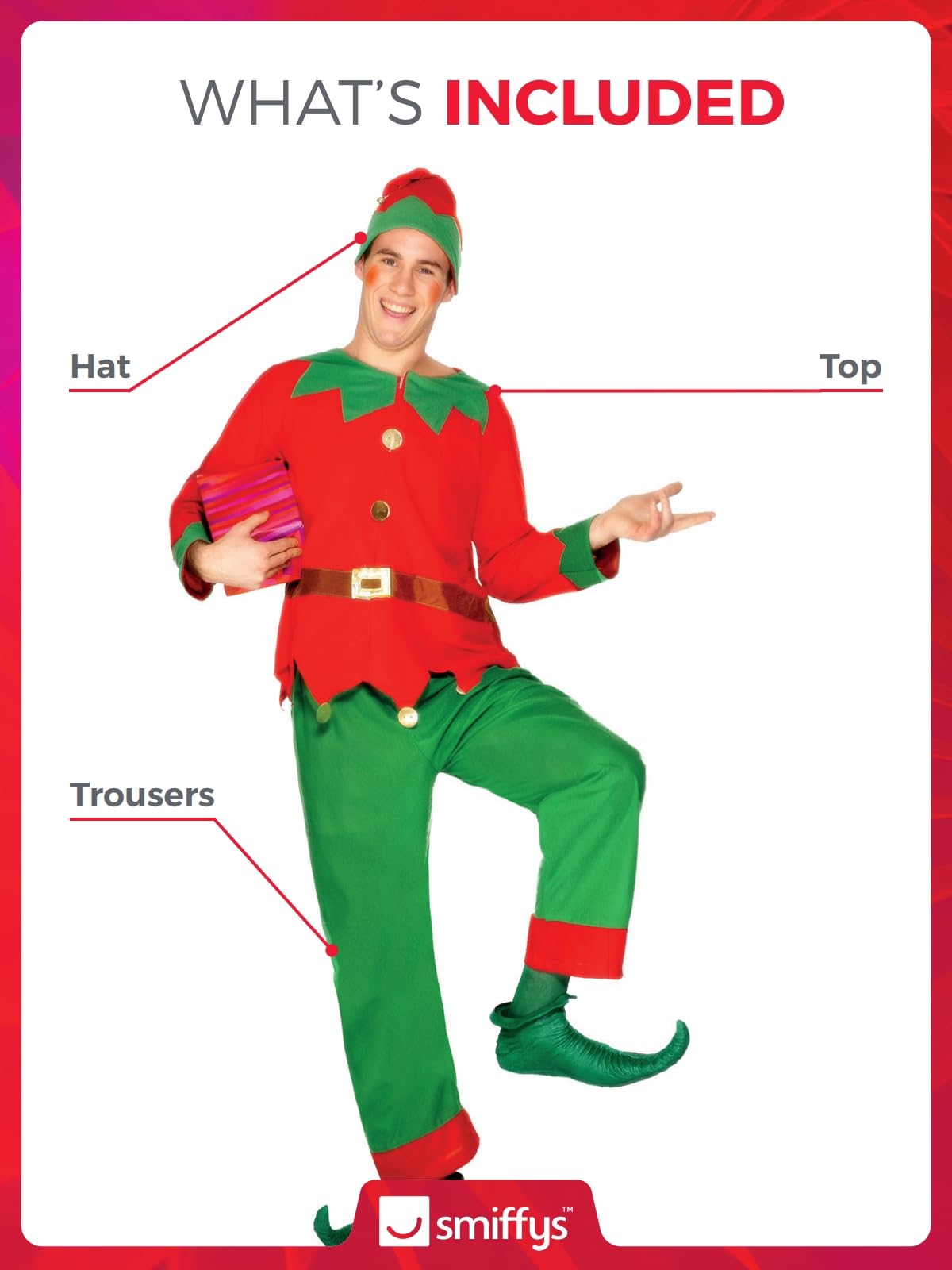 Smiffys Elf Costume - Red & Green Adult Fancy Dress with Top, Trousers & Hat 6