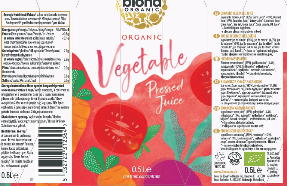 Biona Organic Vegetable Pressed Juice - Not From Concentrate | Vegan | 500ml