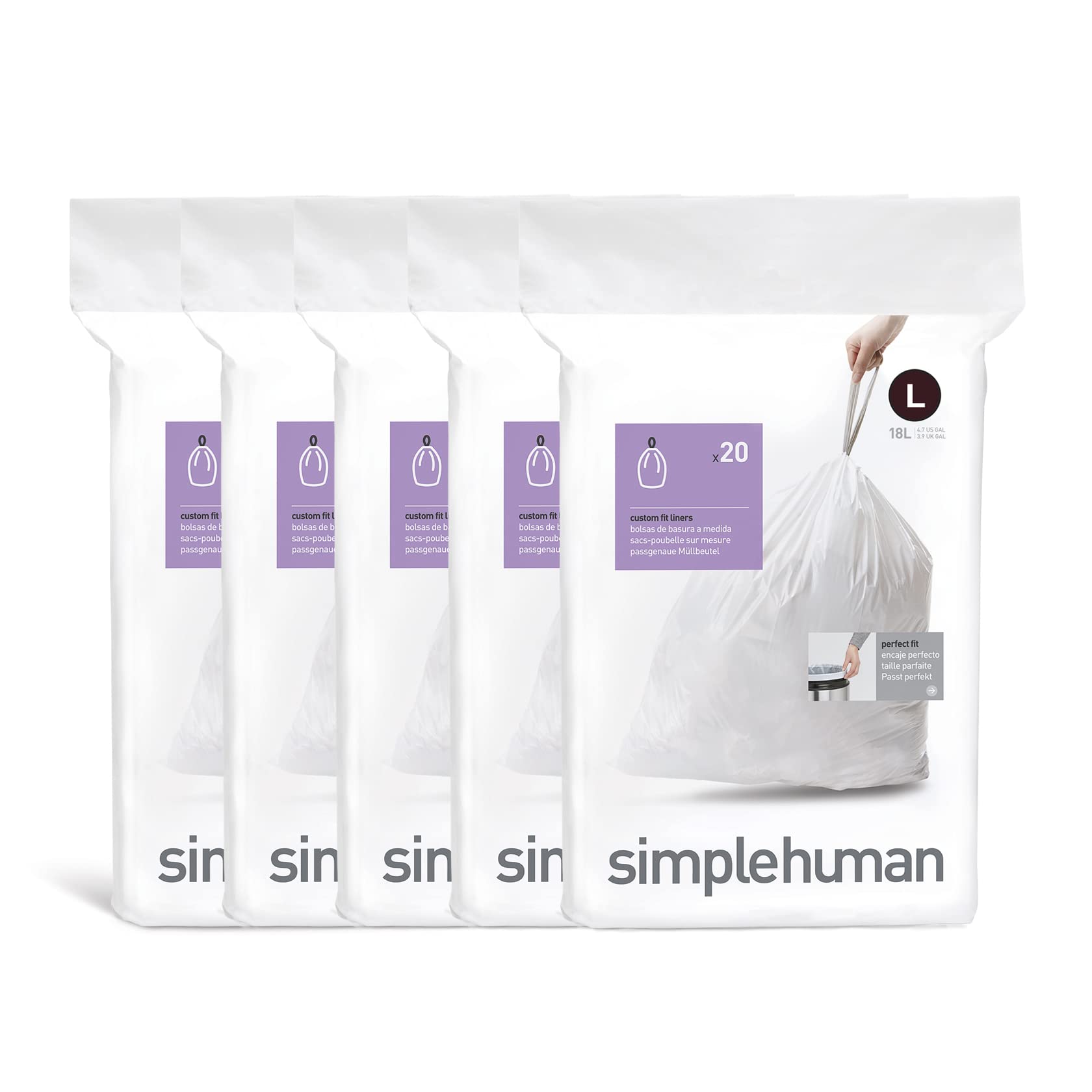 simplehuman Code L Bin Liners - Custom Fit, 50% Recycled Plastic, 100 Count