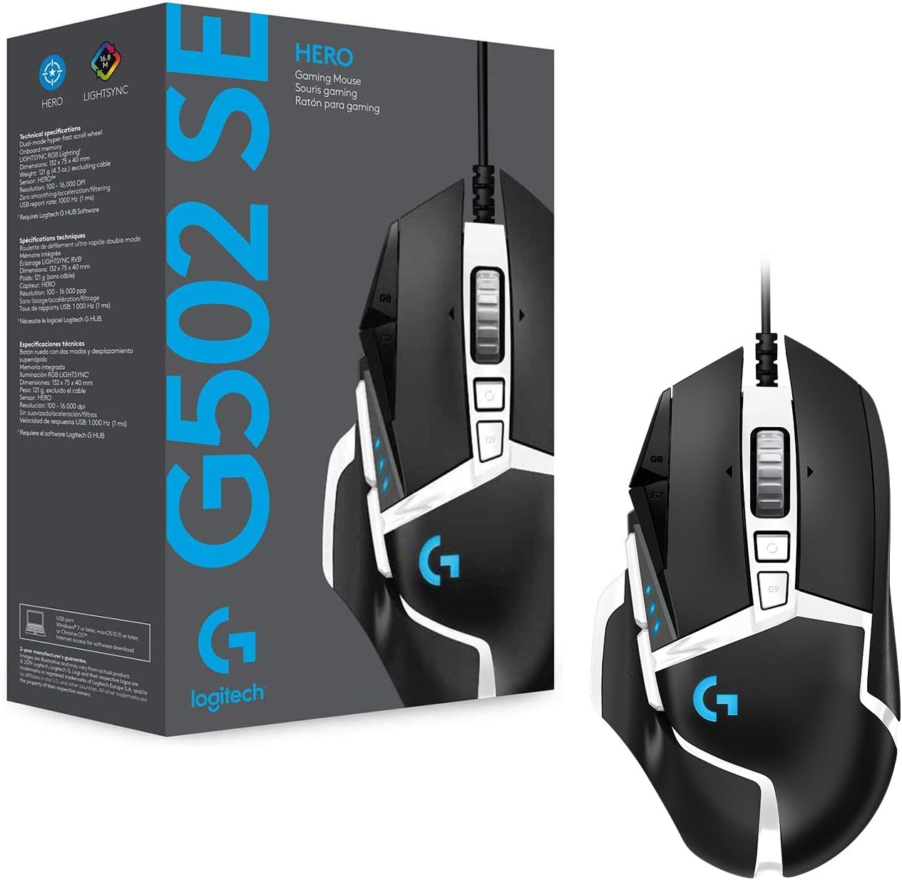 Logitech G502 HERO 25K Gaming Mouse Special Edition - Black & White 3