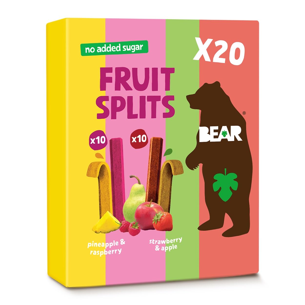 BEAR Fruit Splits Variety Pack: Strawberry & Apple, Pineapple & Raspberry | 20 Packs (560g Total)