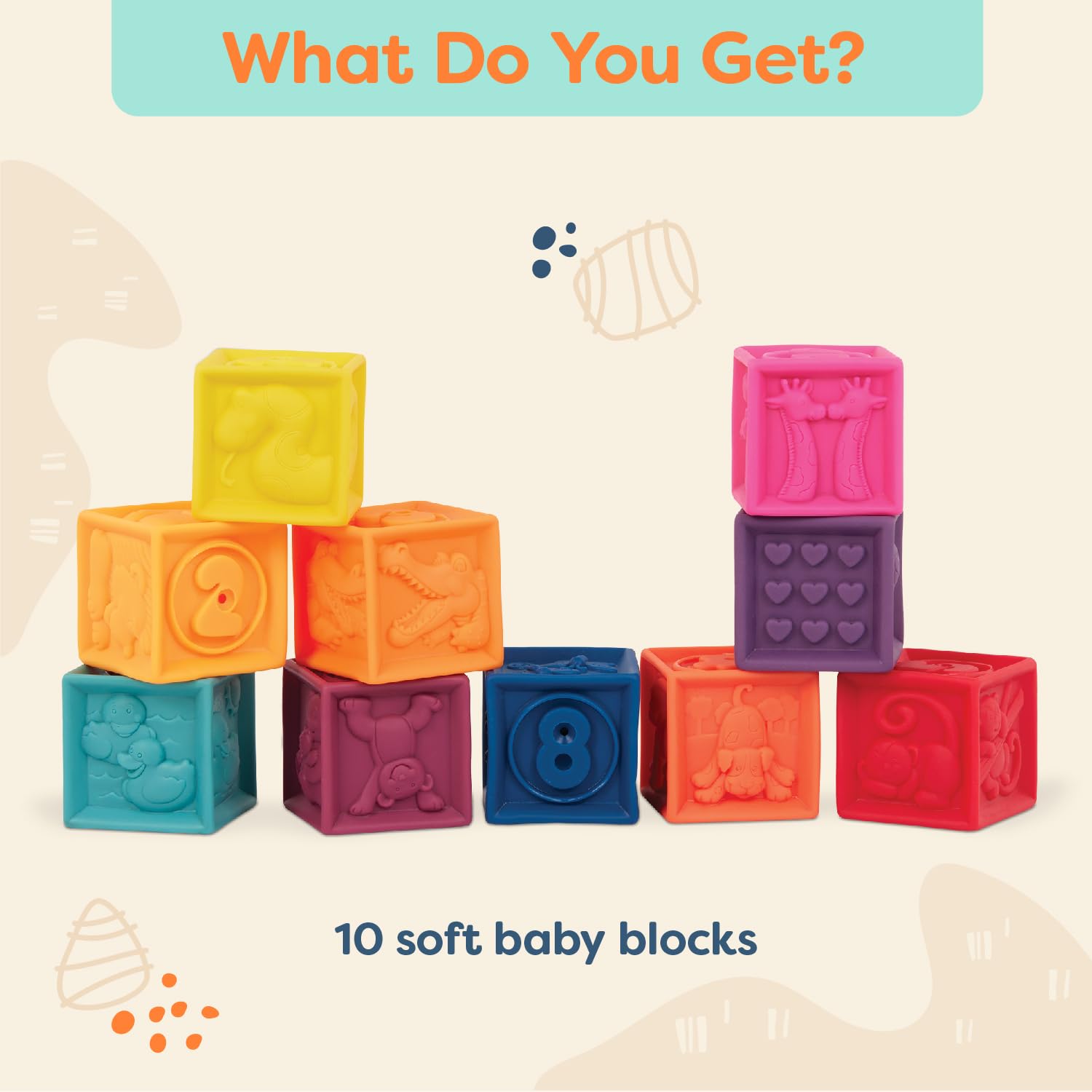 B. Toys One Two Squeeze Baby Blocks - 10 Soft Educational Stacking Blocks for Toddlers 6 Months+ 10