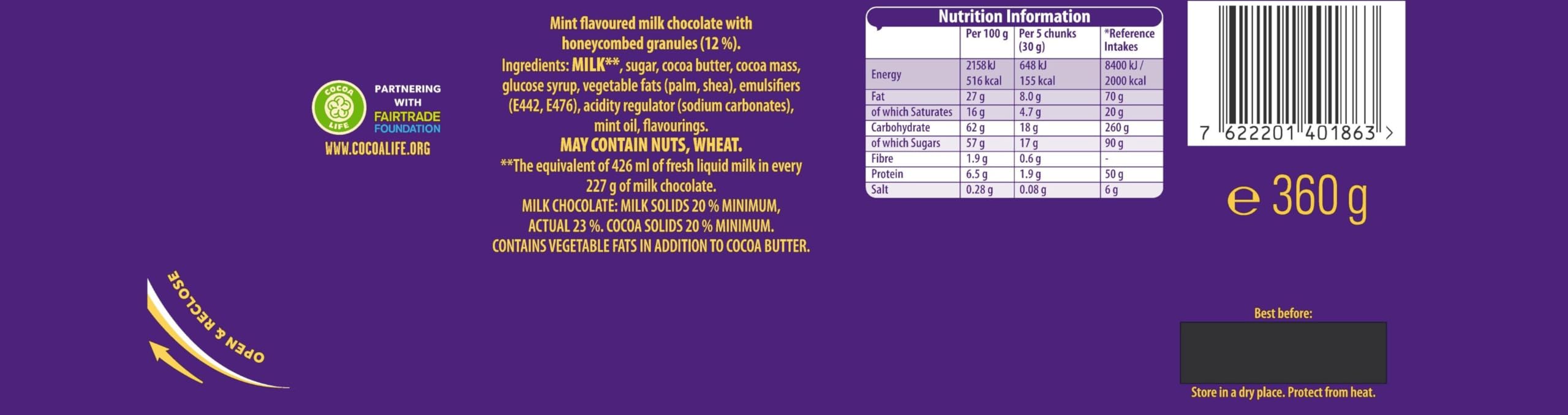 Cadbury Dairy Milk Winter Mint Crisp Edition 360g Chocolate Bar