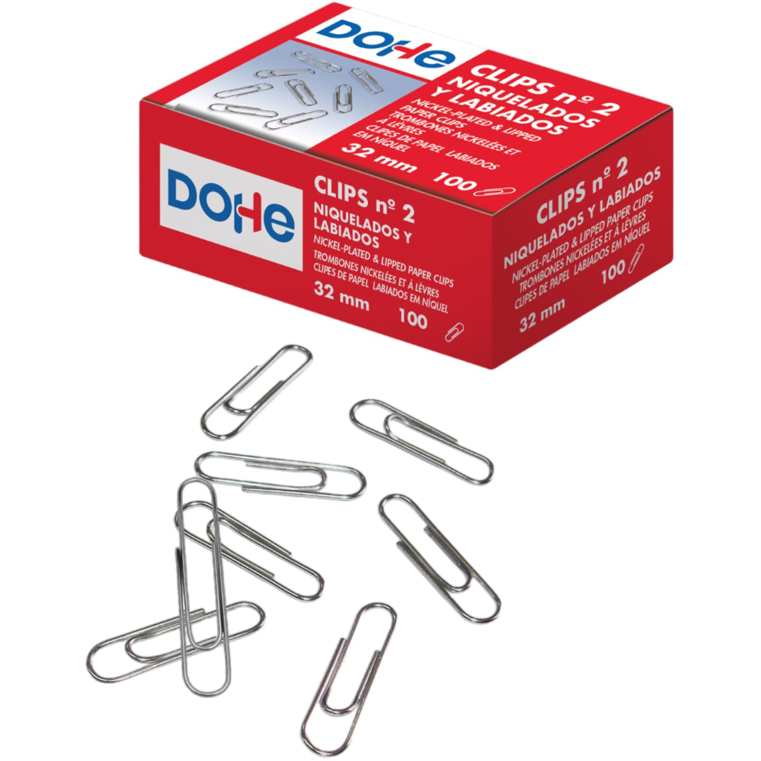 DOHE Nickel-Plated Metal Clips - 32mm Size No. 2 | Pack of 100 | Metallic Silver