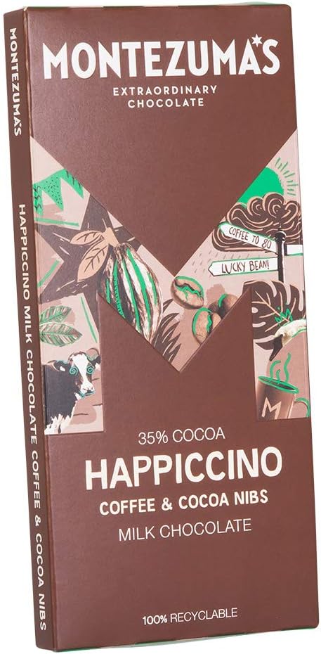 Montezumas Happiccino, 35 % Kakao, Milchschokolade mit Kaffee und Kakaonibs, Glutenfrei