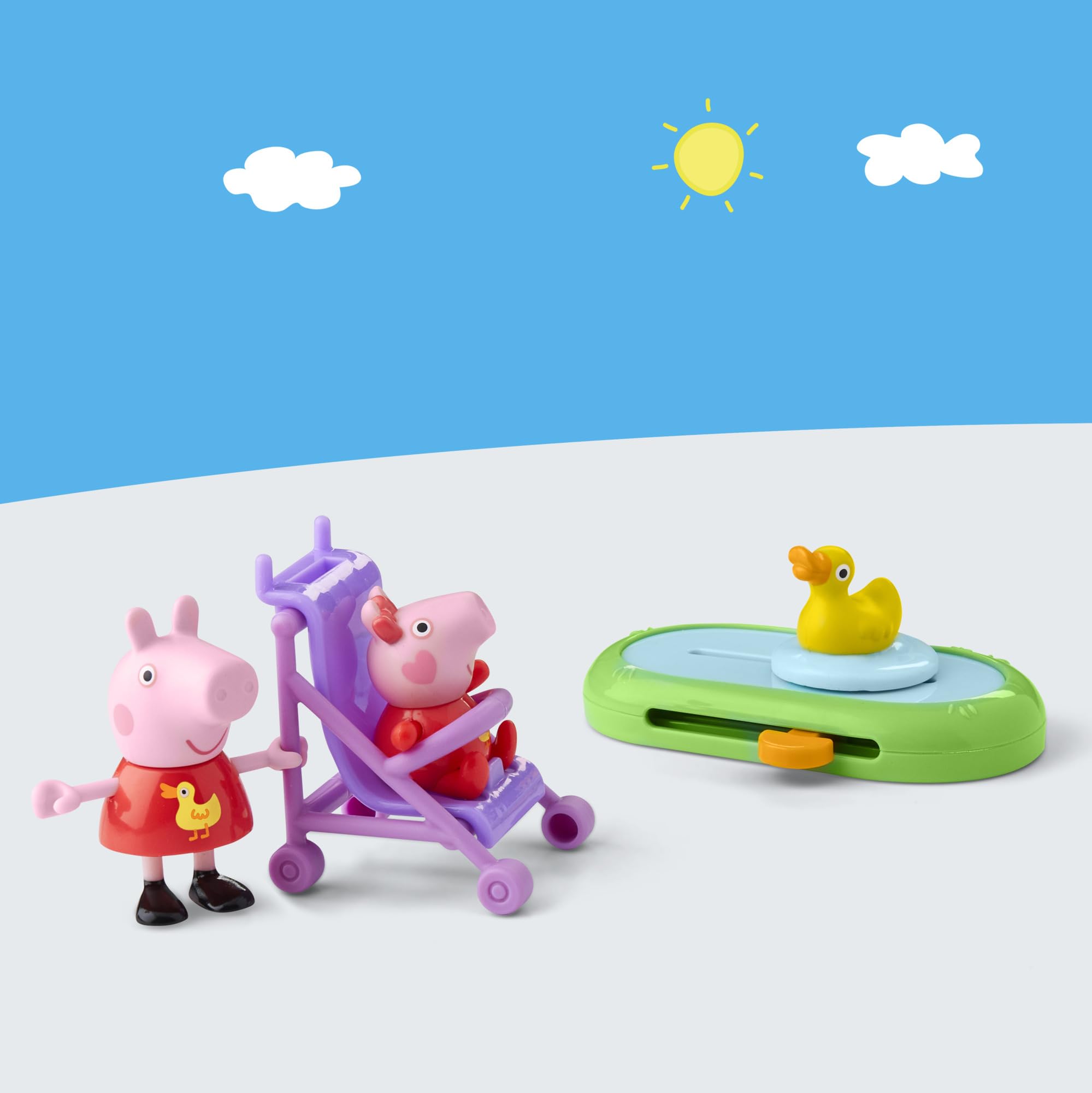 Peppa Pig Peppa and Evie's Park Fun Playset - 4-Piece Playset with Figures, Stroller & Duck Pond for Ages 3+ 4