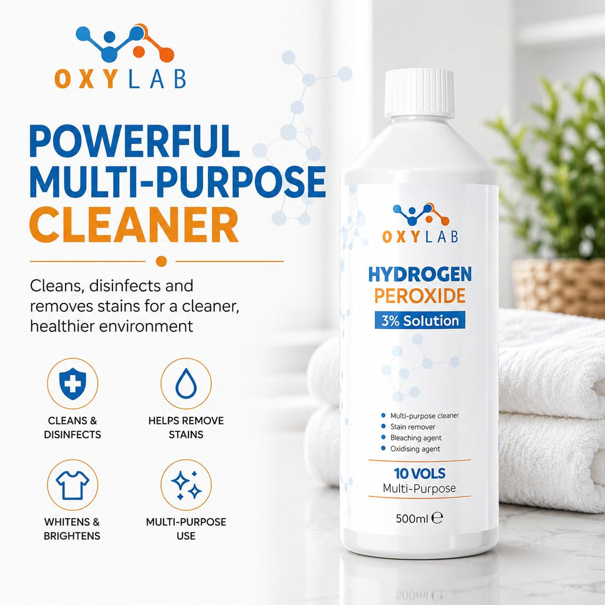 OxyLAB Hydrogen Peroxide 3% Solution - Multi-Purpose Cleaner & Stain Remover | 500ml | Made in UK