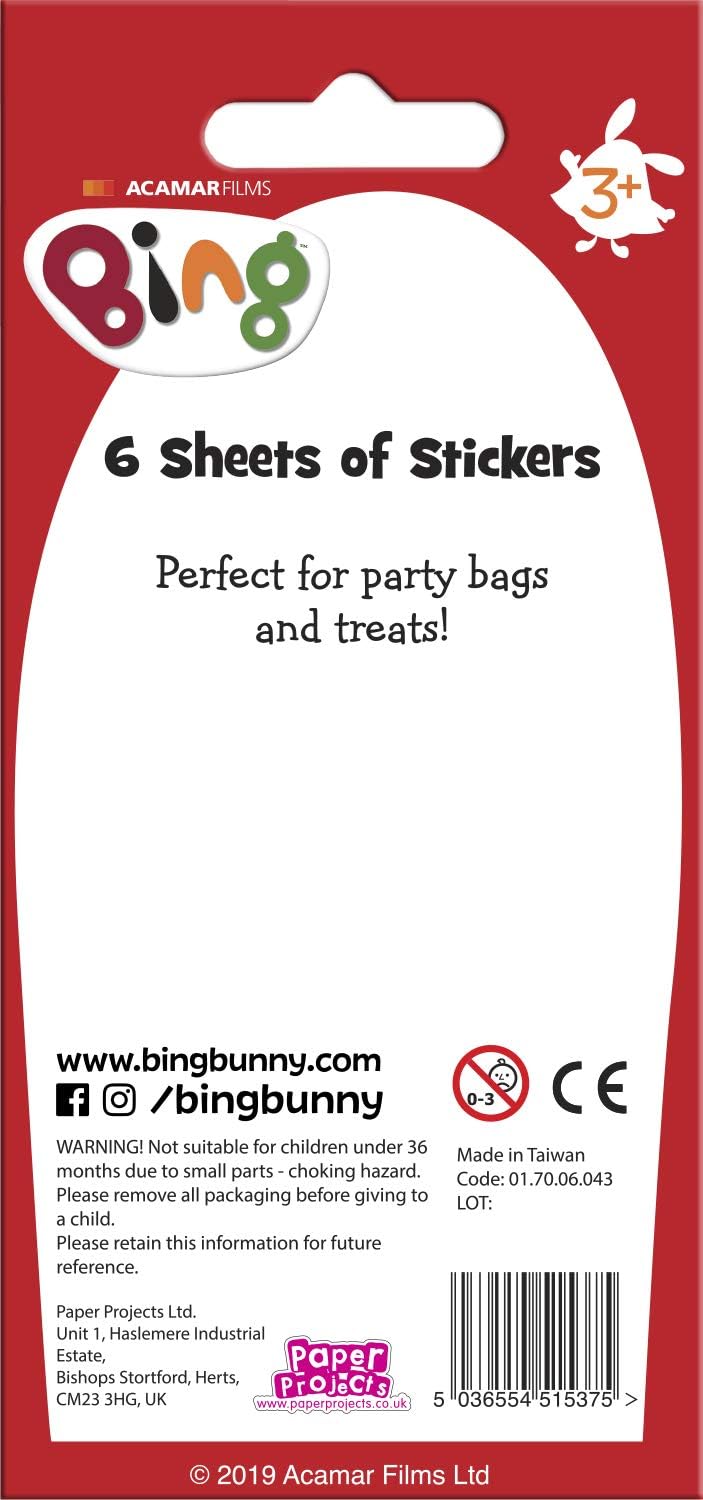 Paper Projects Bing Party Bag Stickers (6 Sheets) - Red, 12.5cm x 7.5cm
