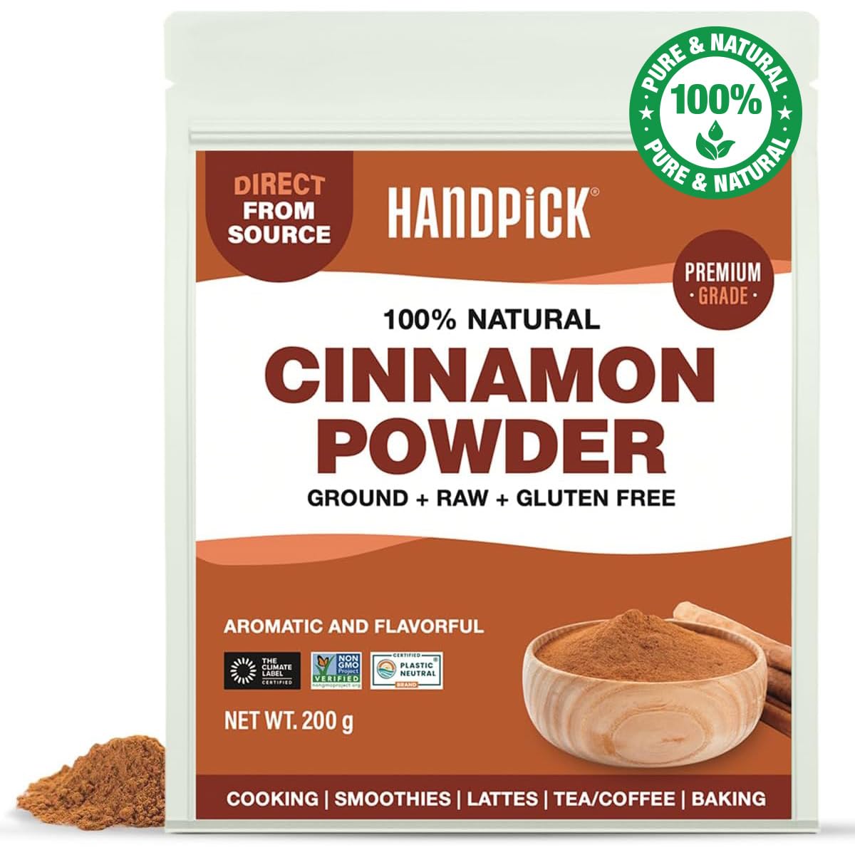 HANDPICK Cinnamon Powder - Raw Ground Spice for Cooking, Smoothies, Lattes & Tea | 200g (7oz) Resealable Pouch