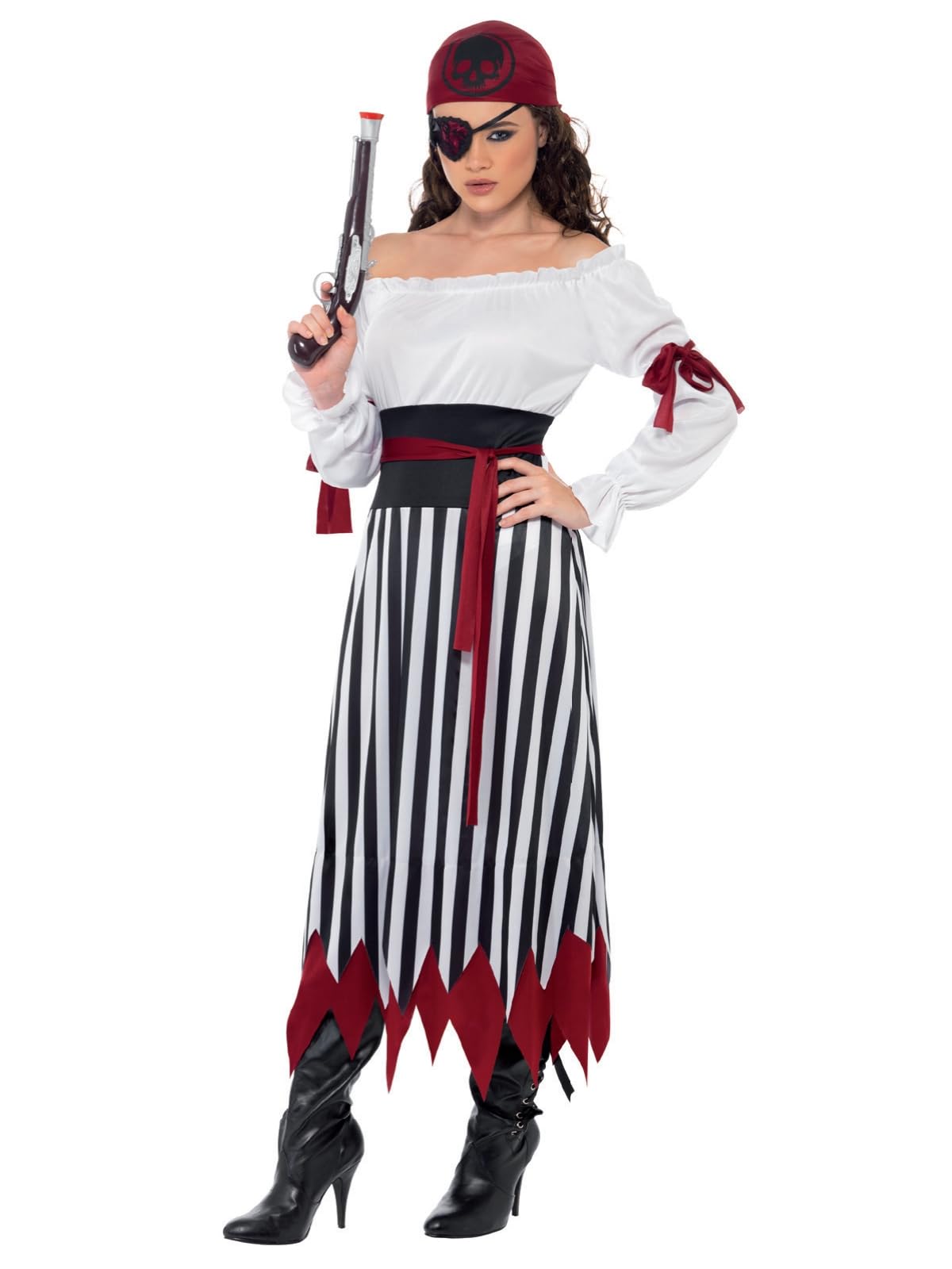 Smiffys Pirate Lady Costume - Black & White Dress with Arm Ties, Belt & Headpiece, Size L (UK 16-18)