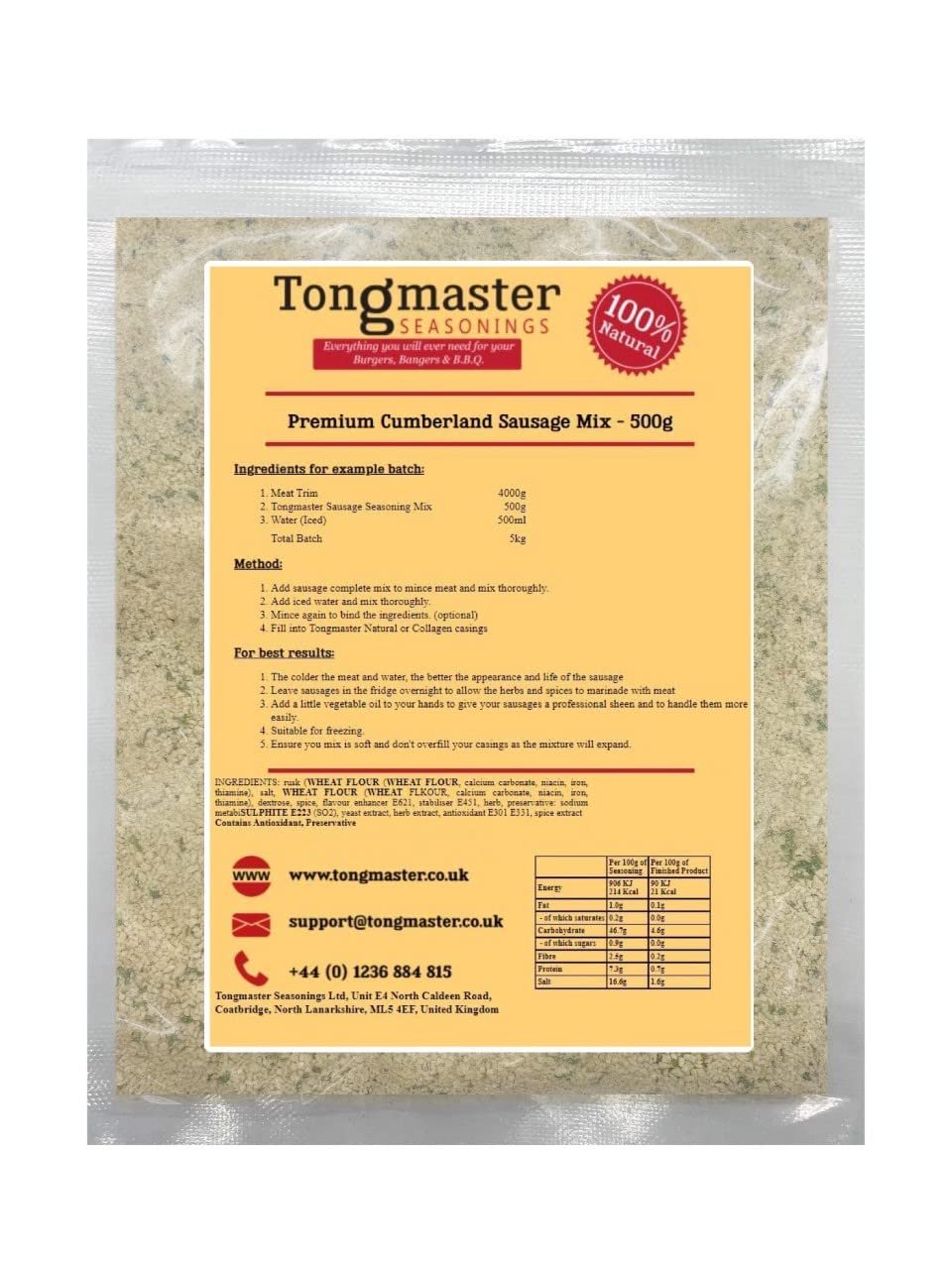 Tongmaster Premium Cumberland Sausage Mix - 500g Pack | Makes 5kg Sausages
