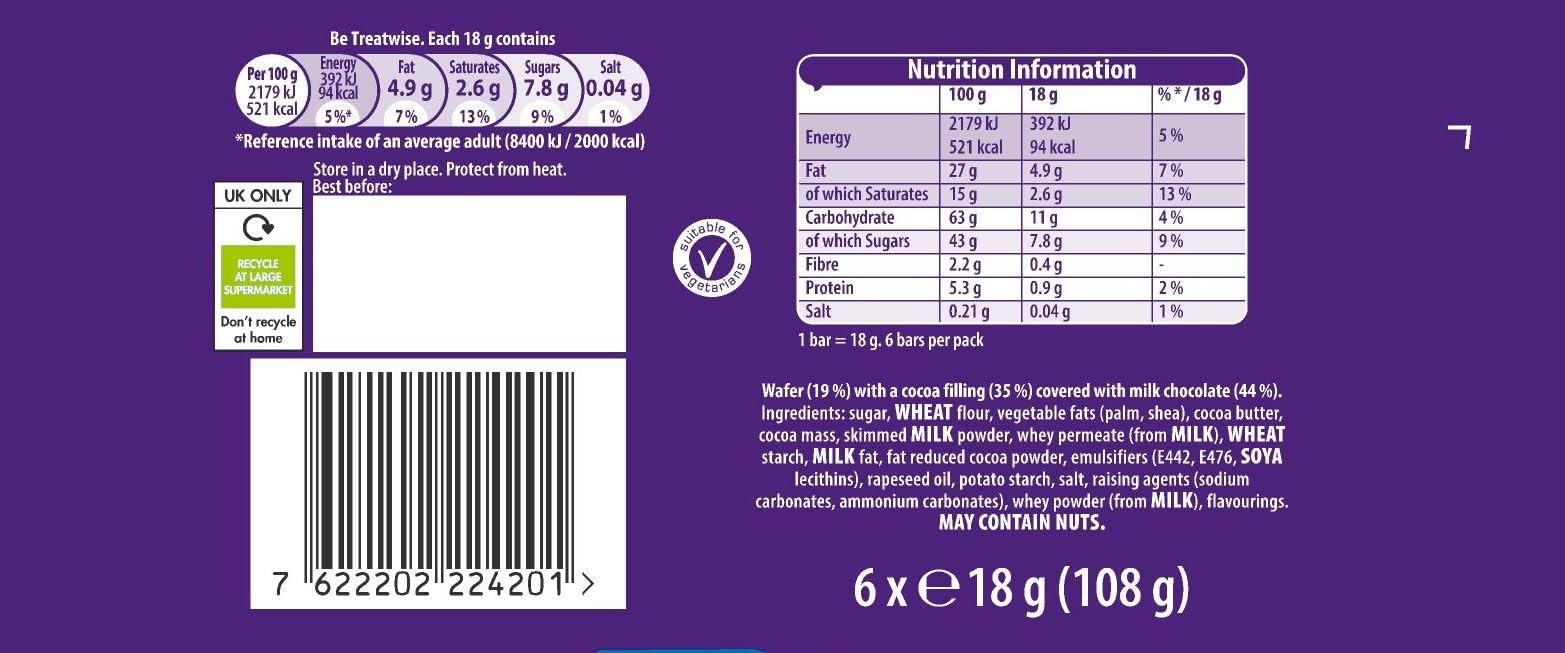 Cadbury Timeout Milk Chocolate Covered Wafer Bars, 6-Pack Crispy Snack with Smooth Milk Chocolate Coating
