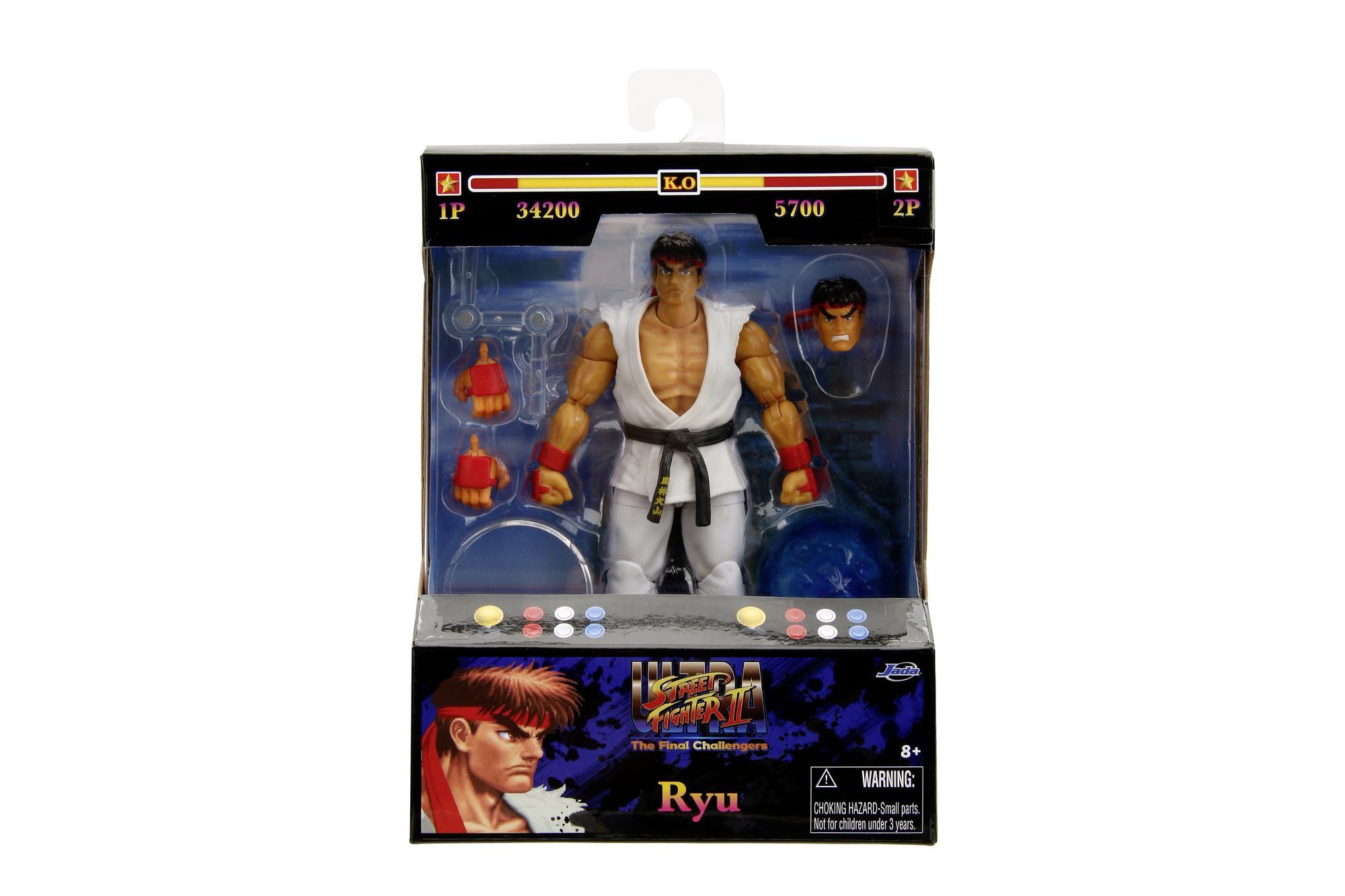 Jada Street Fighter II Ryu Action Figure - 15 cm Articulated Collectible with Interchangeable Hands, Head & Hadoken Accessory