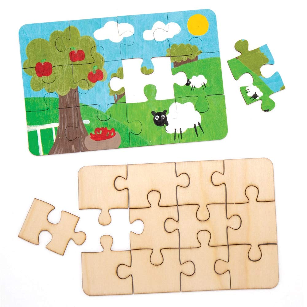 Baker Ross Wooden Jigsaw Puzzles - Blank Canvas for Creativity | 12 Pieces, 18 x 12 cm | Pack of 8