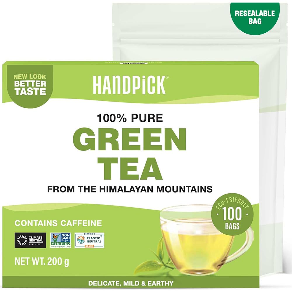 HANDPICK Green Tea Bags - 100 Count | Gluten Free & 100% Pure Green Tea | Round Teabags