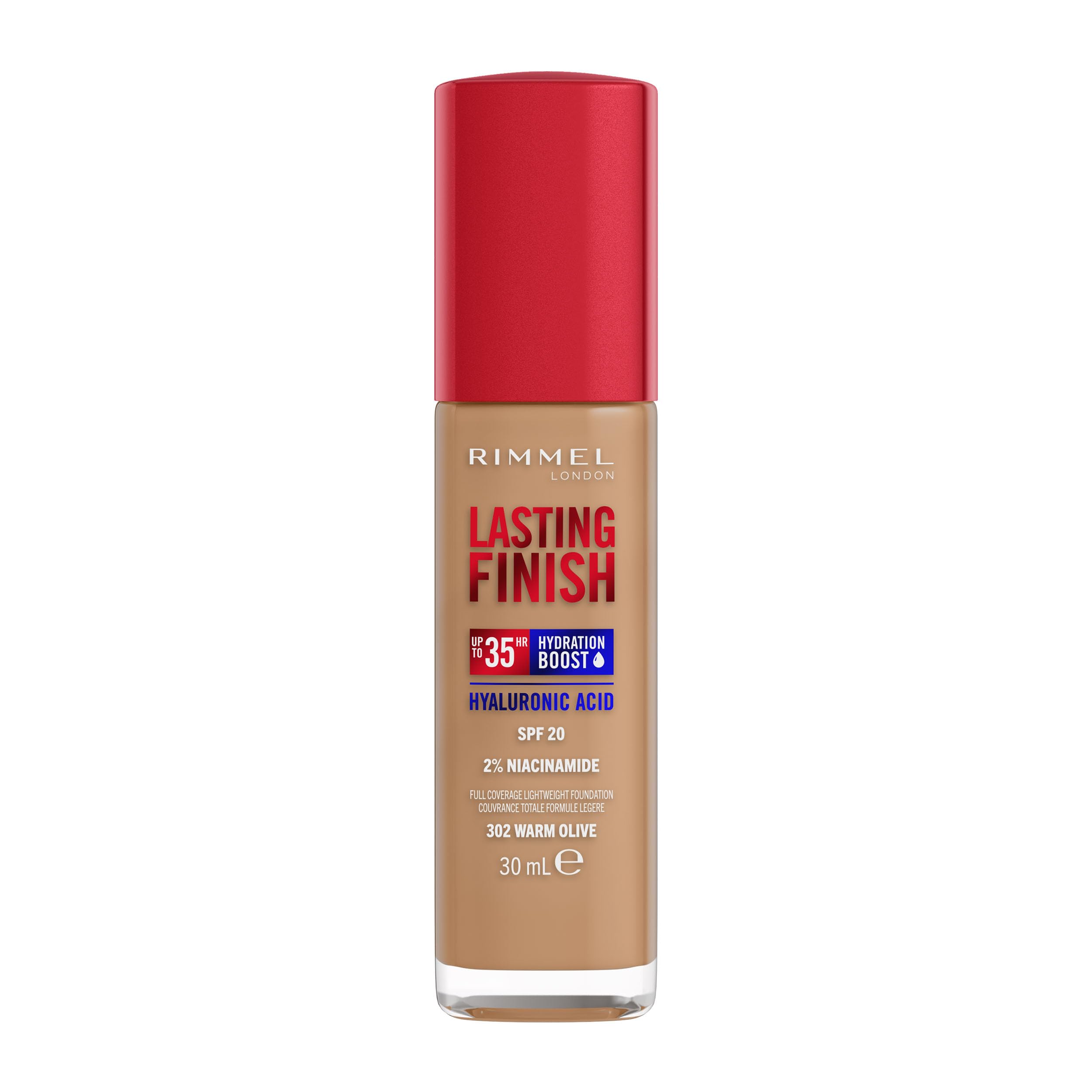 Rimmel - Lasting Finish 35Hr Foundation (Warm Olive 302), Full Coverage, Hydrating, SPF20, Vegan, Cruelty Free
