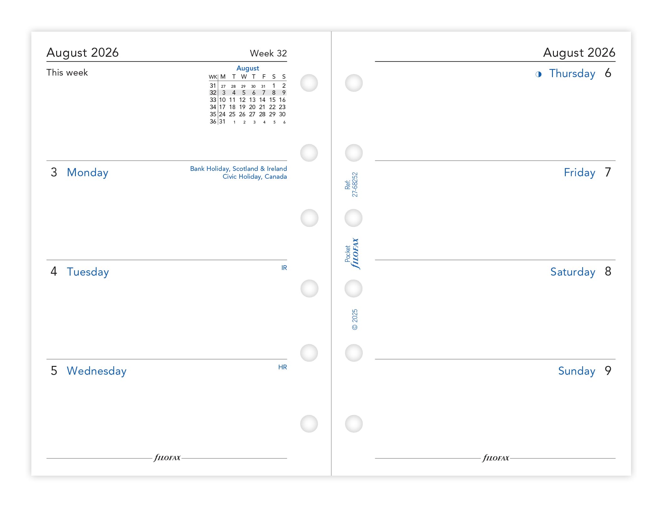 Filofax Pocket Personal Organiser Refill - Mid Year Aug 2026 to Jul 2027 Diary | Week on Two Pages