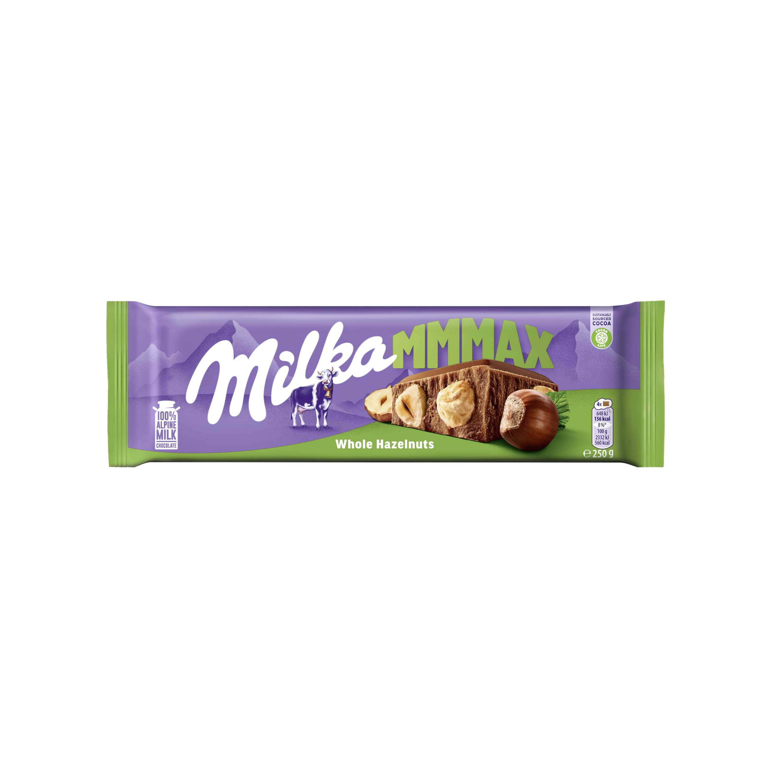 Milka Mmmax Alpine Milk Chocolate with Whole Hazelnuts, 250 g Bar