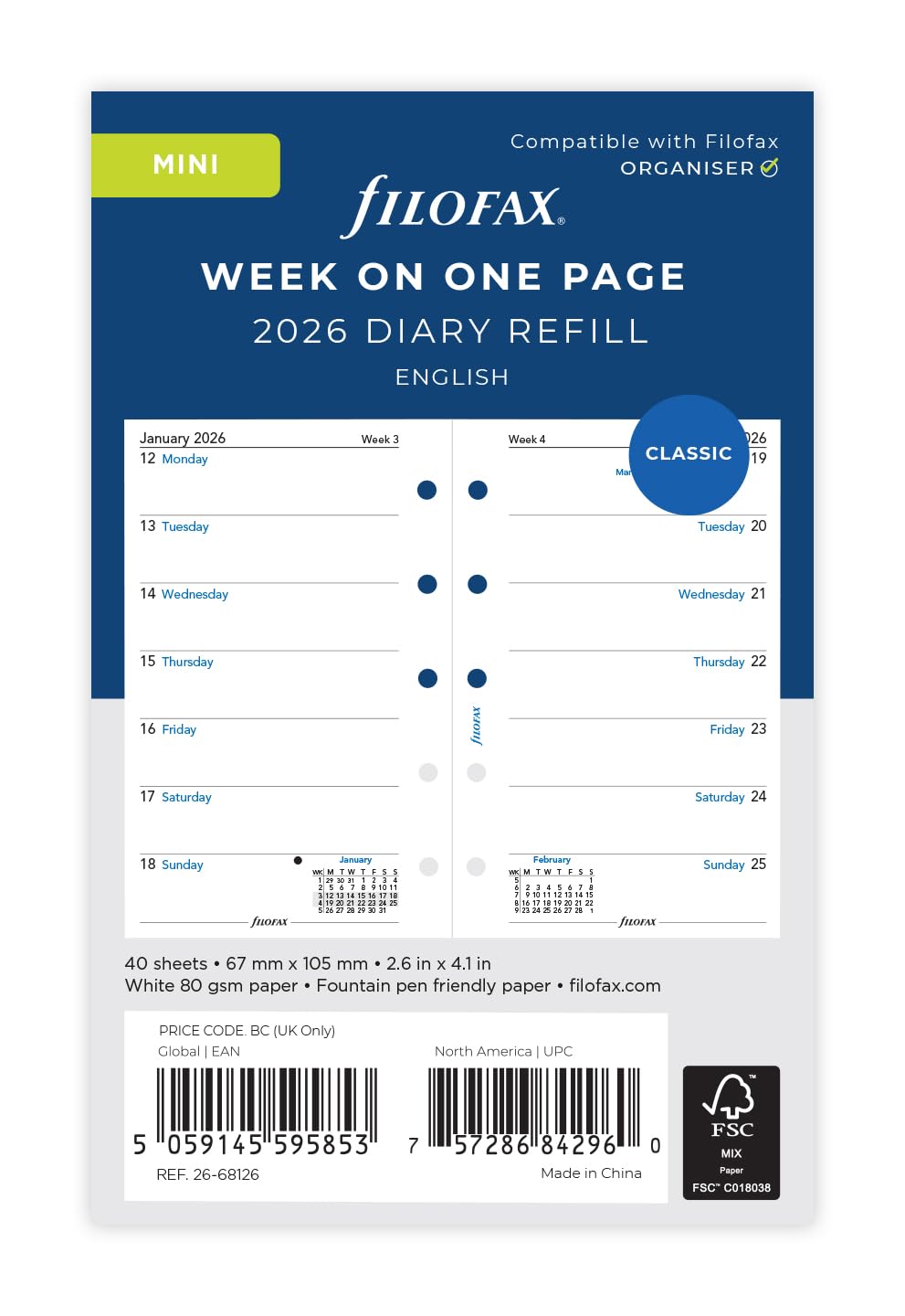 Filofax Mini 2026 Planner Refill - Week Per Page | 67x105mm White Paper