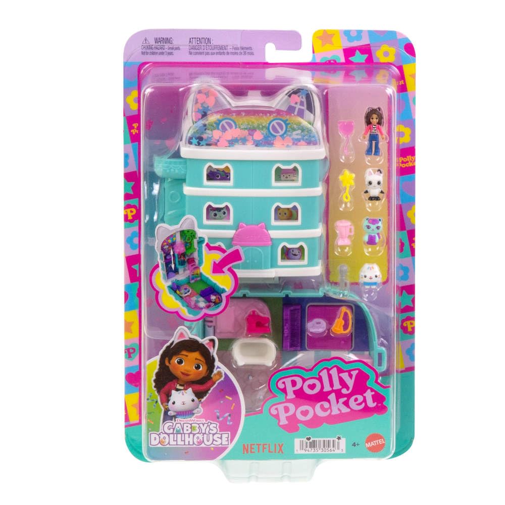 Polly Pocket x Gabby's Dollhouse Playset - 15-Piece Interactive Compact with Doll & Kitty Friends 4