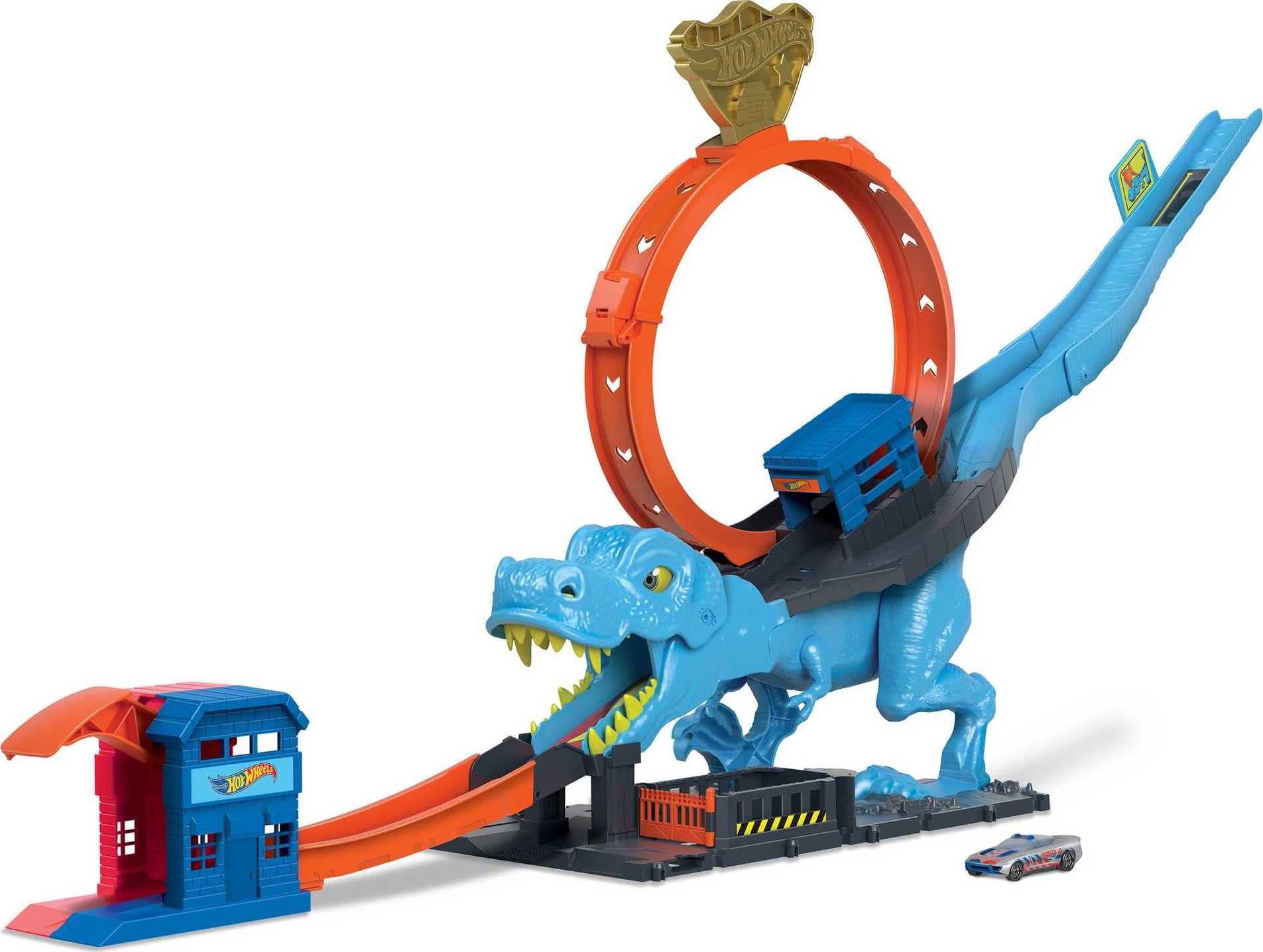 Hot Wheels City T-Rex Chomp Down Racetrack Playset - Stunt Loop with Slam Launcher & Knock-Down Dinosaur, Includes 1:64 Scale Car