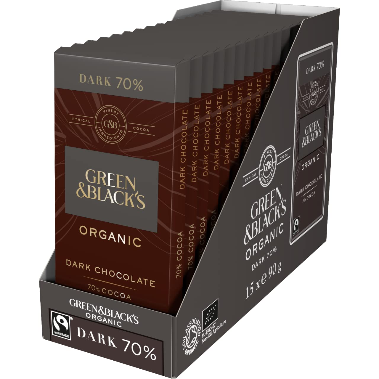 Green &amp; Black's Bio-Riegel aus dunkler Schokolade mit 70 % Kakaoanteil, reichhaltig und intensiv, 90 g (15er-Packung)