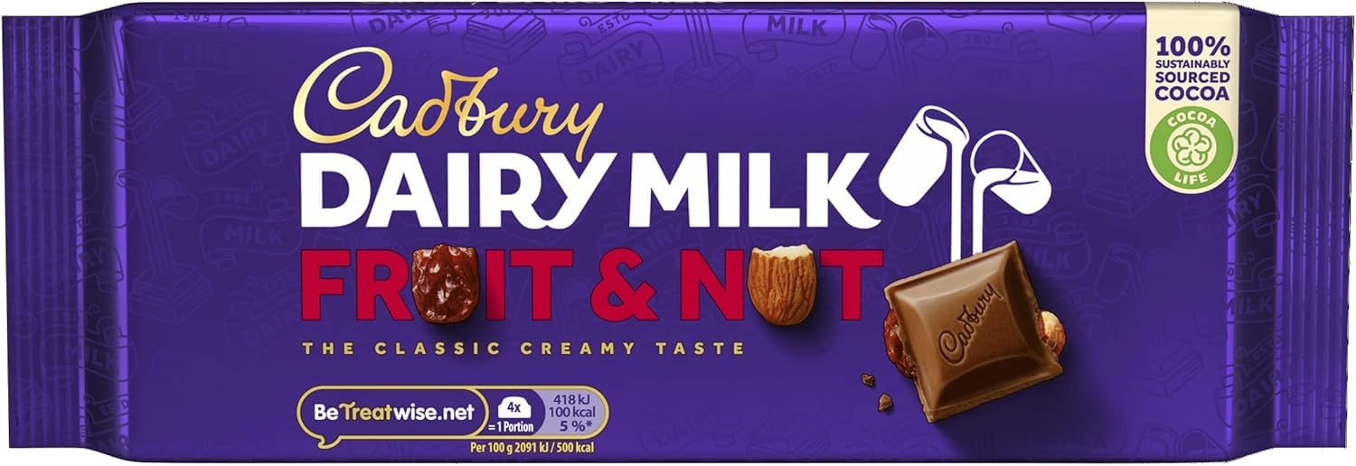 Cadbury Dairy Milk Fruit &amp; Nut Bar, Milchschokolade mit Rosinen und Mandeln, 180 g