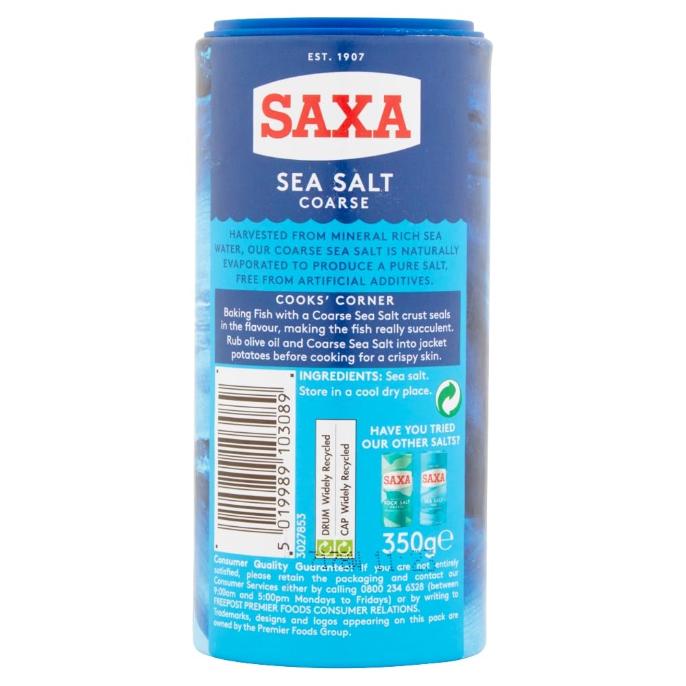 Saxa Coarse Sea Salt for Cooking & Grinding - Pure & Natural | 350g Drum 3