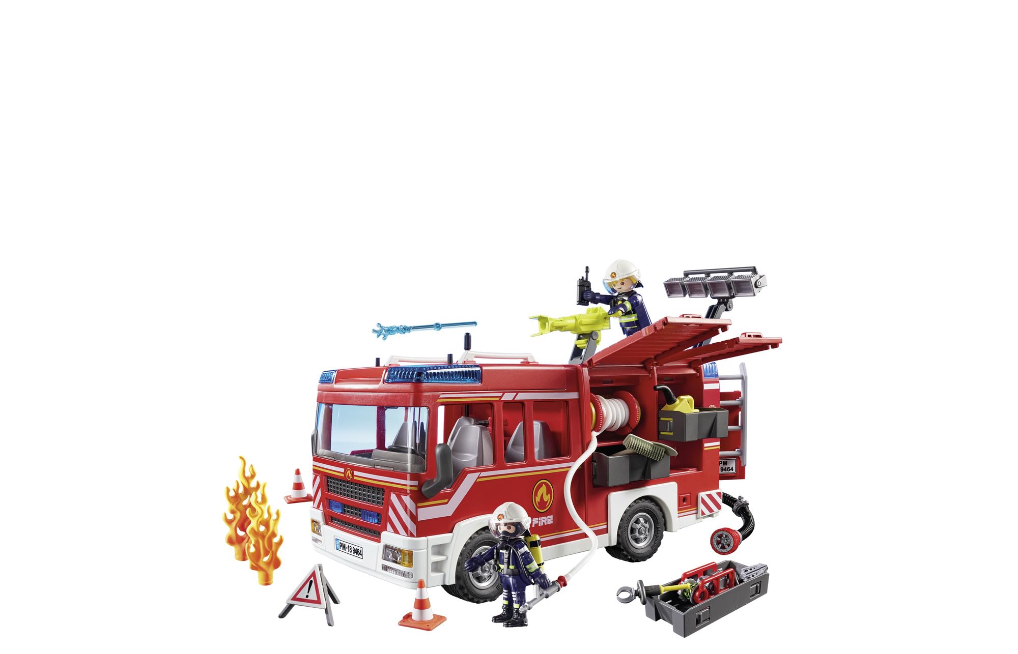Playmobil 9464 Fire Engine with Working Water Cannon, Light & Sound Effects, Firefighter & Helicopter Playset for Kids 4+ 3