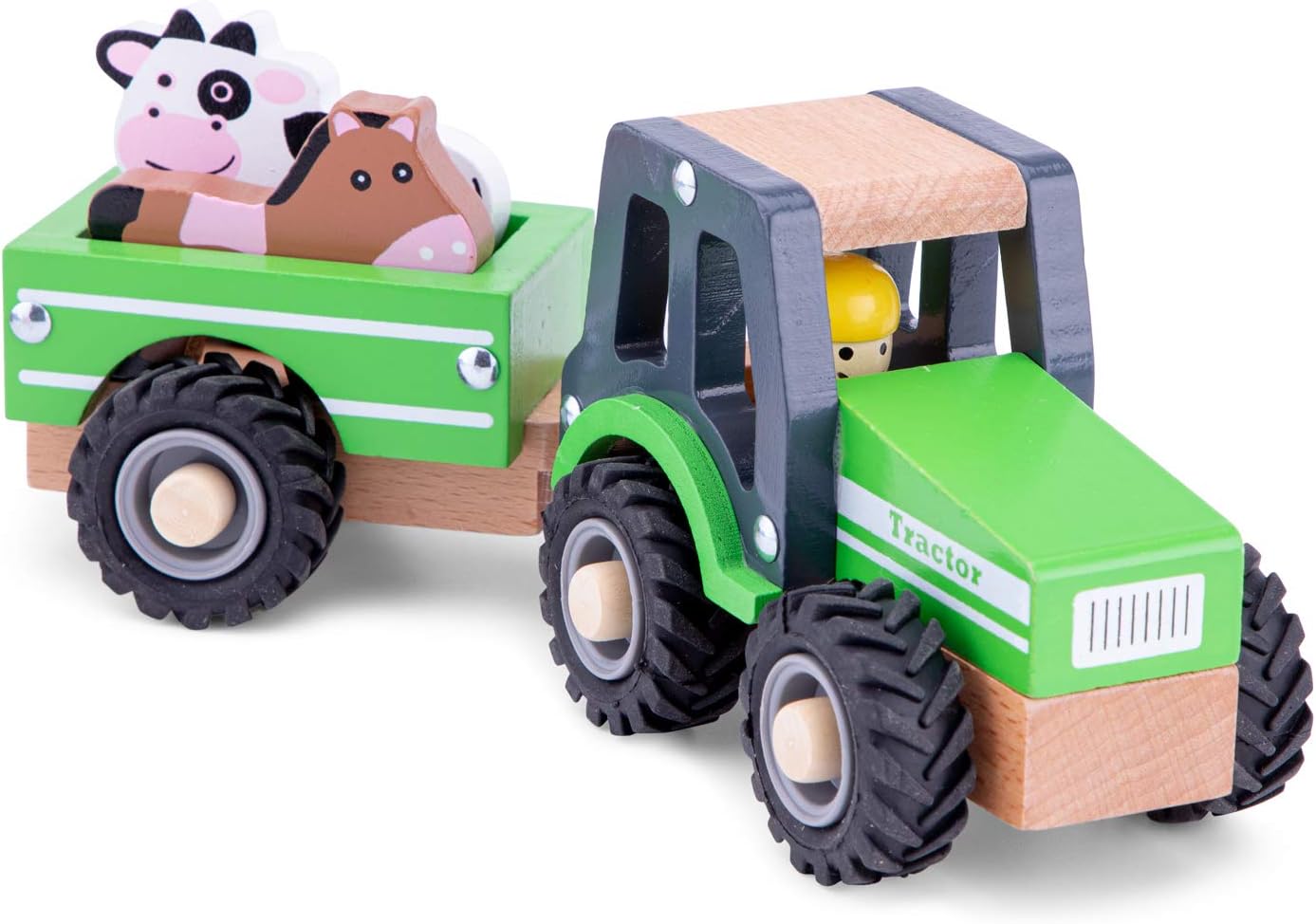 New Classic Toys 11941 Wooden Tractor with Trailer and Animals - Farm Playset for Toddlers 18 Months+ 4