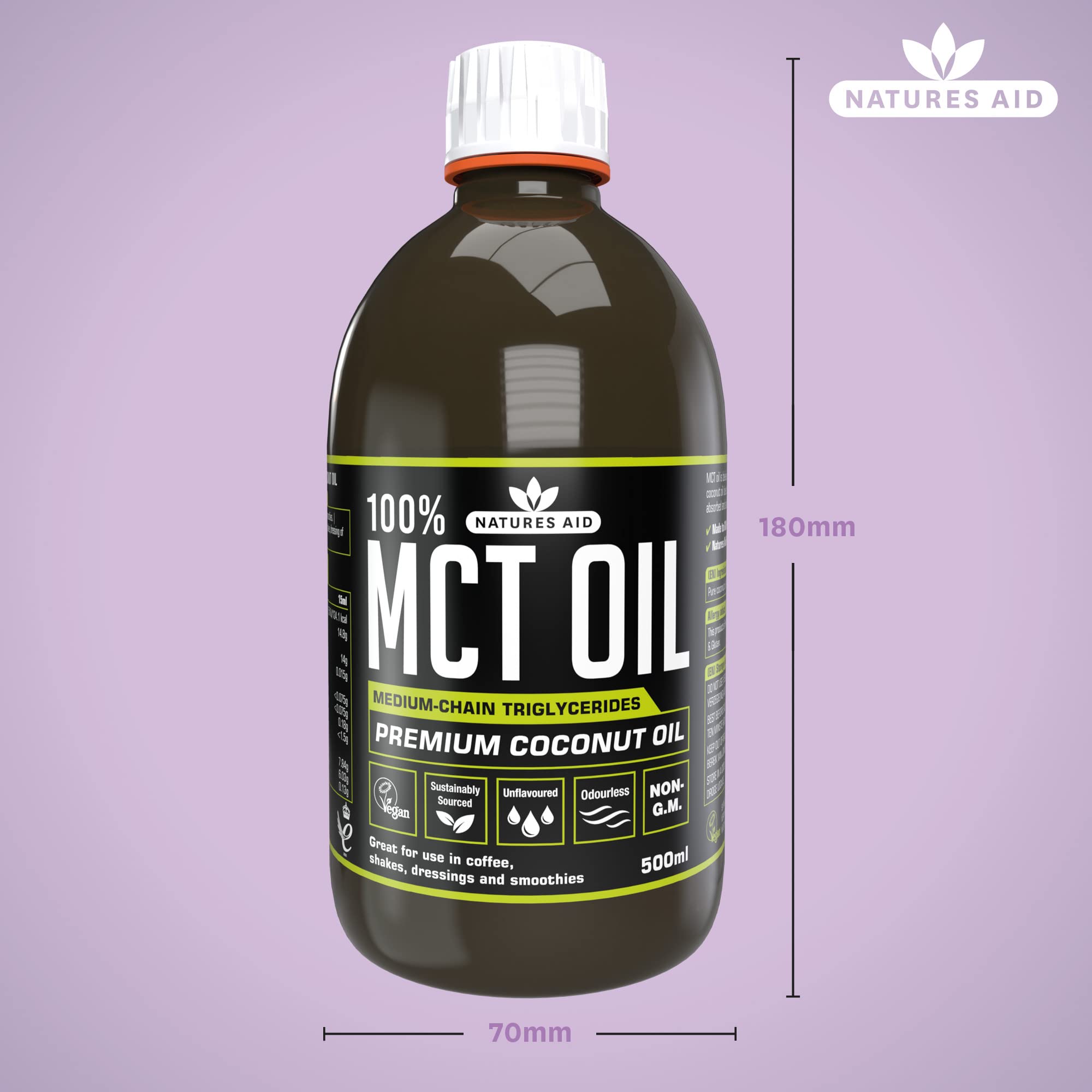 Natures Aid 100% MCT Oil 500ml - Premium Coconut MCT - Keto Friendly - Vegan, Non-GMO, Gluten-Free