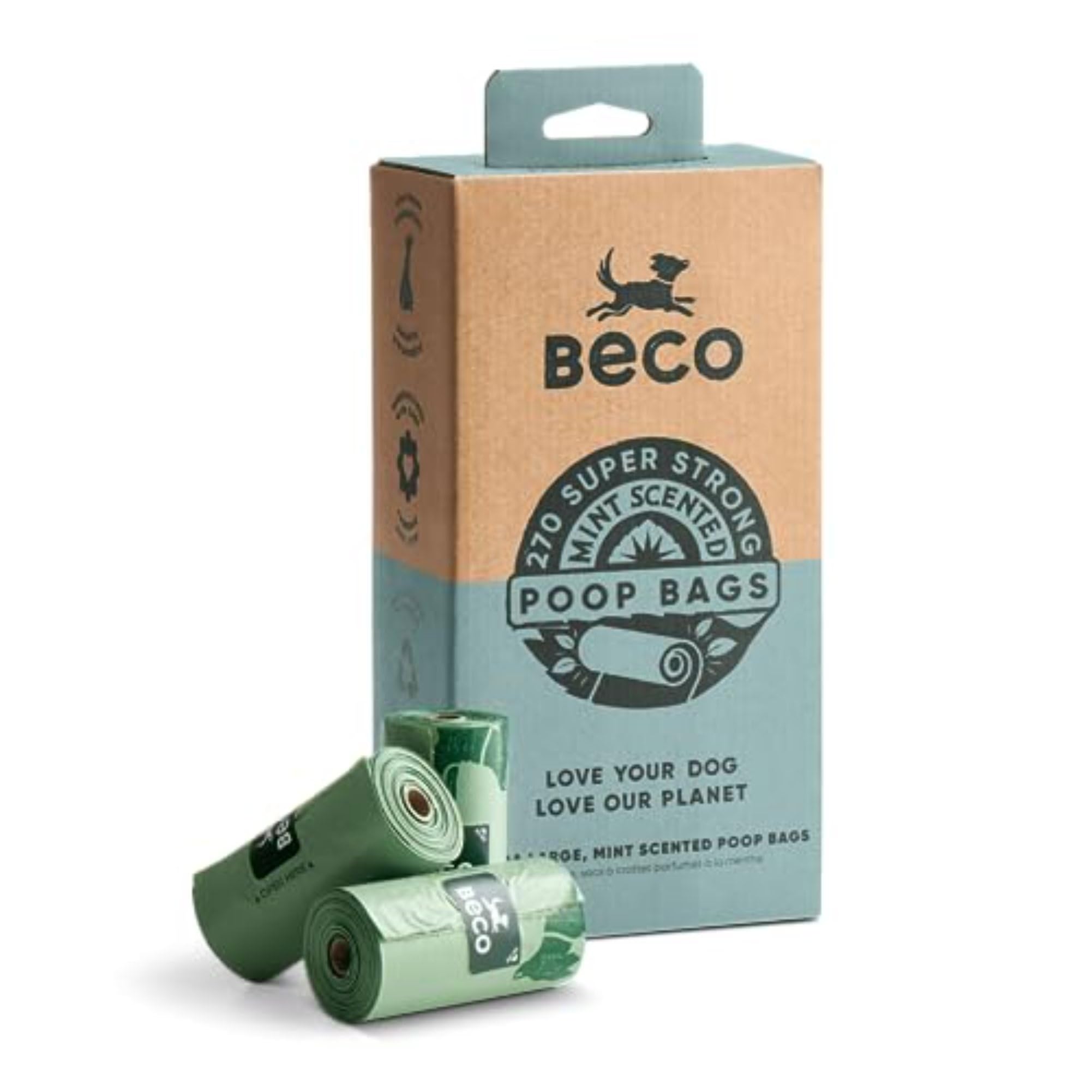Beco Strong & Large Poop Bags - 270 Bags (18 Rolls of 15) - Mint Scented | Leakproof | Recycled Plastic