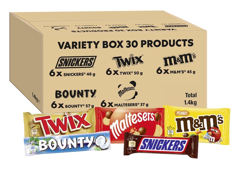 Mixed Bulk Chocolate Box with Snickers, Twix, M&M's Peanuts, Maltesers & Bounty - 30 Full-Size Bars