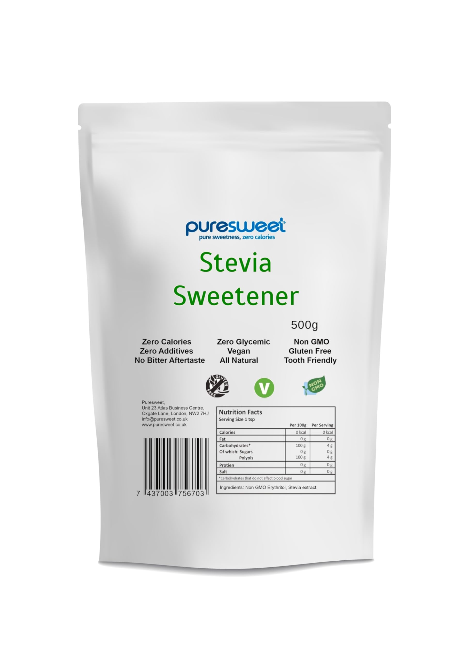Puresweet® Premium Stevia Sweetener 500g - Tastes Like Sugar, No Bitter Aftertaste, Diabetic Friendly