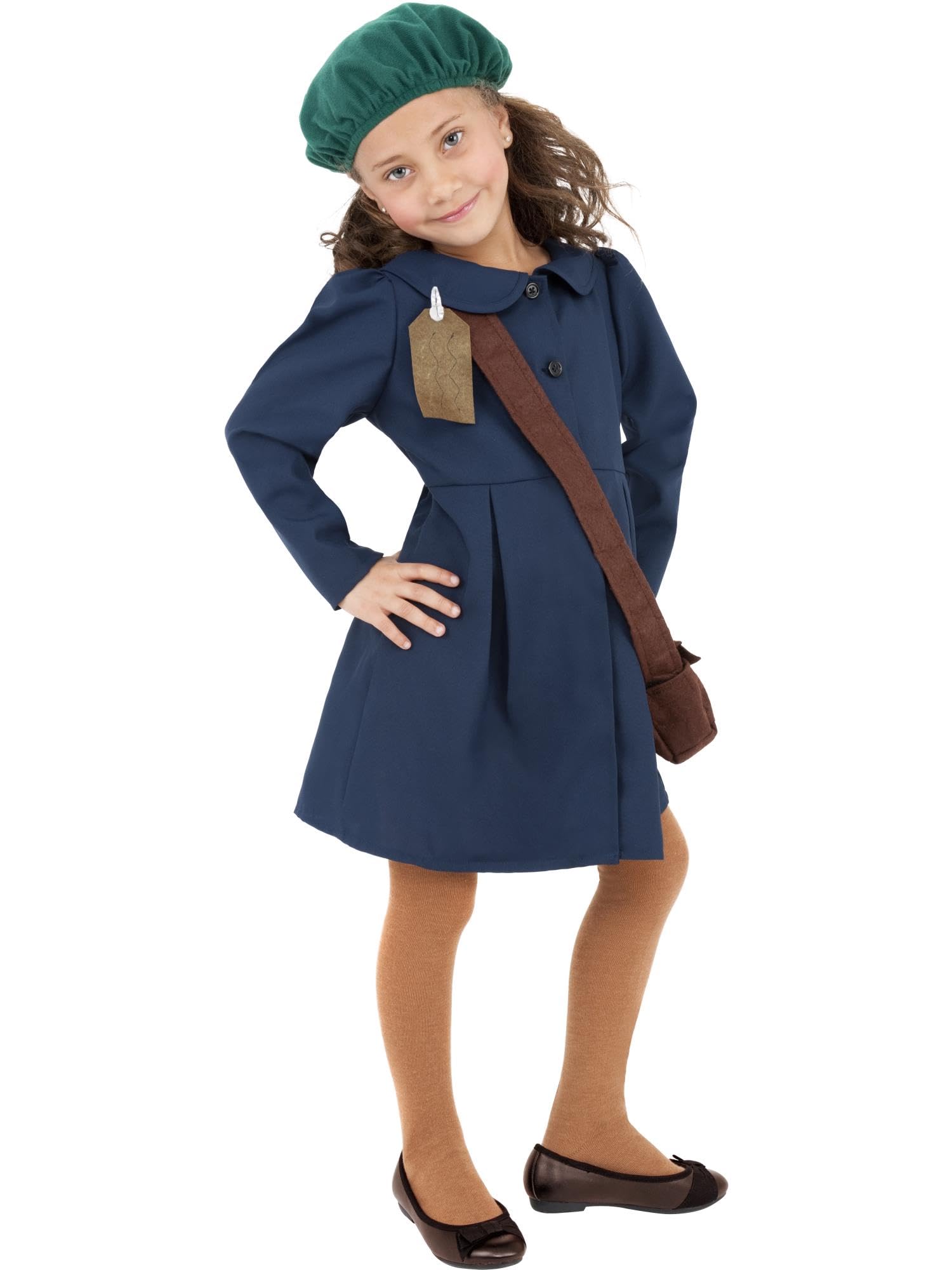 Smiffys World War II Evacuee Girl Costume - Blue Dress, Hat & Bag, Ages 7-9