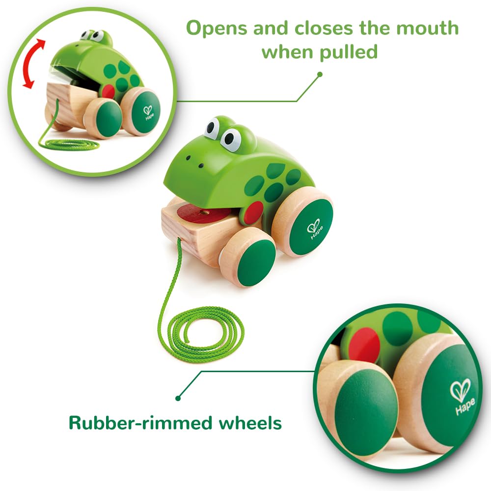 Hape - Frog Pull Along Wooden Fly-Eating Toddler Toy, Multicoloured 5