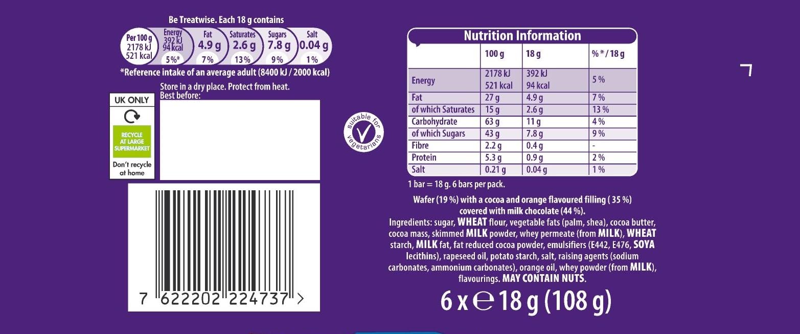 Cadbury Timeout Orange Milk Chocolate Covered Wafer Bars, 6-Pack Crispy Wafers with Zesty Orange Flavour