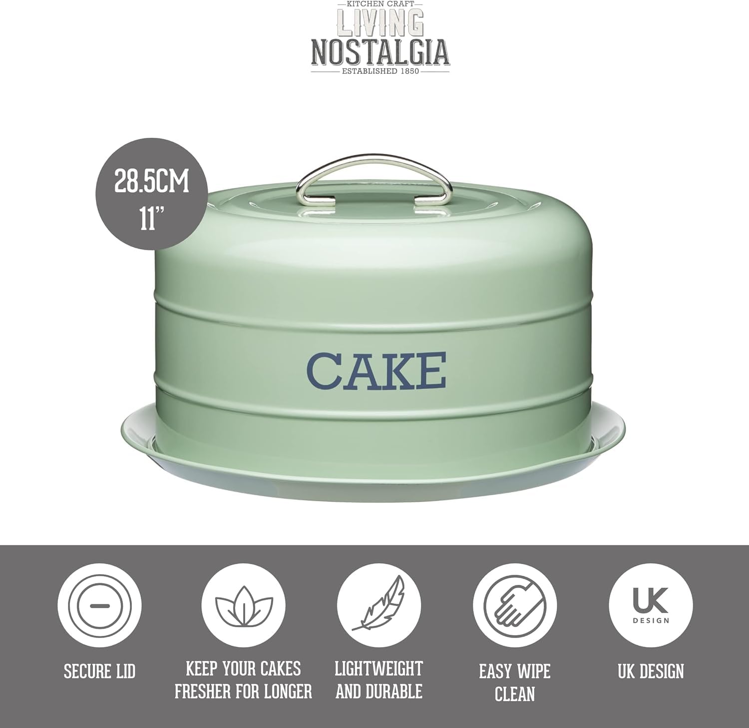 KitchenCraft Living Nostalgia Cake Storage Tin - Airtight Cake Dome, 28.5 x 18 cm, English Sage Green 11