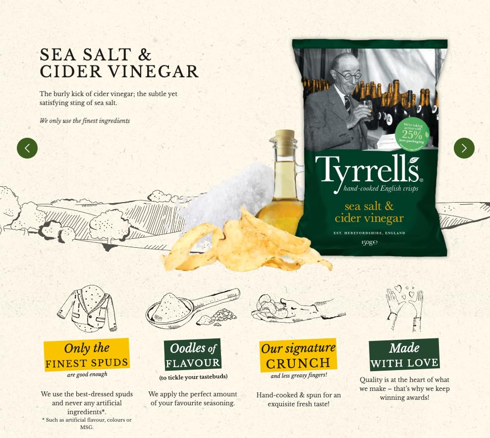 Tyrrells Sea Salt & Cider Vinegar Hand-Cooked Crisps 150g