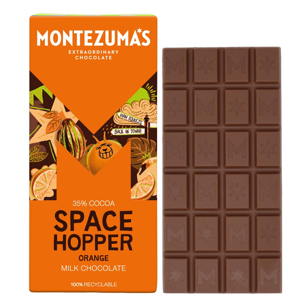 Montezuma's Space Hopper Milchschokoladenriegel mit Orange, 35 % Kakao, glutenfrei, 90 g