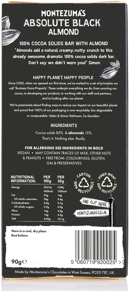 Montezuma - Absolute Black 100% Cocoa Dark Chocolate with Almonds 90g Bar 6