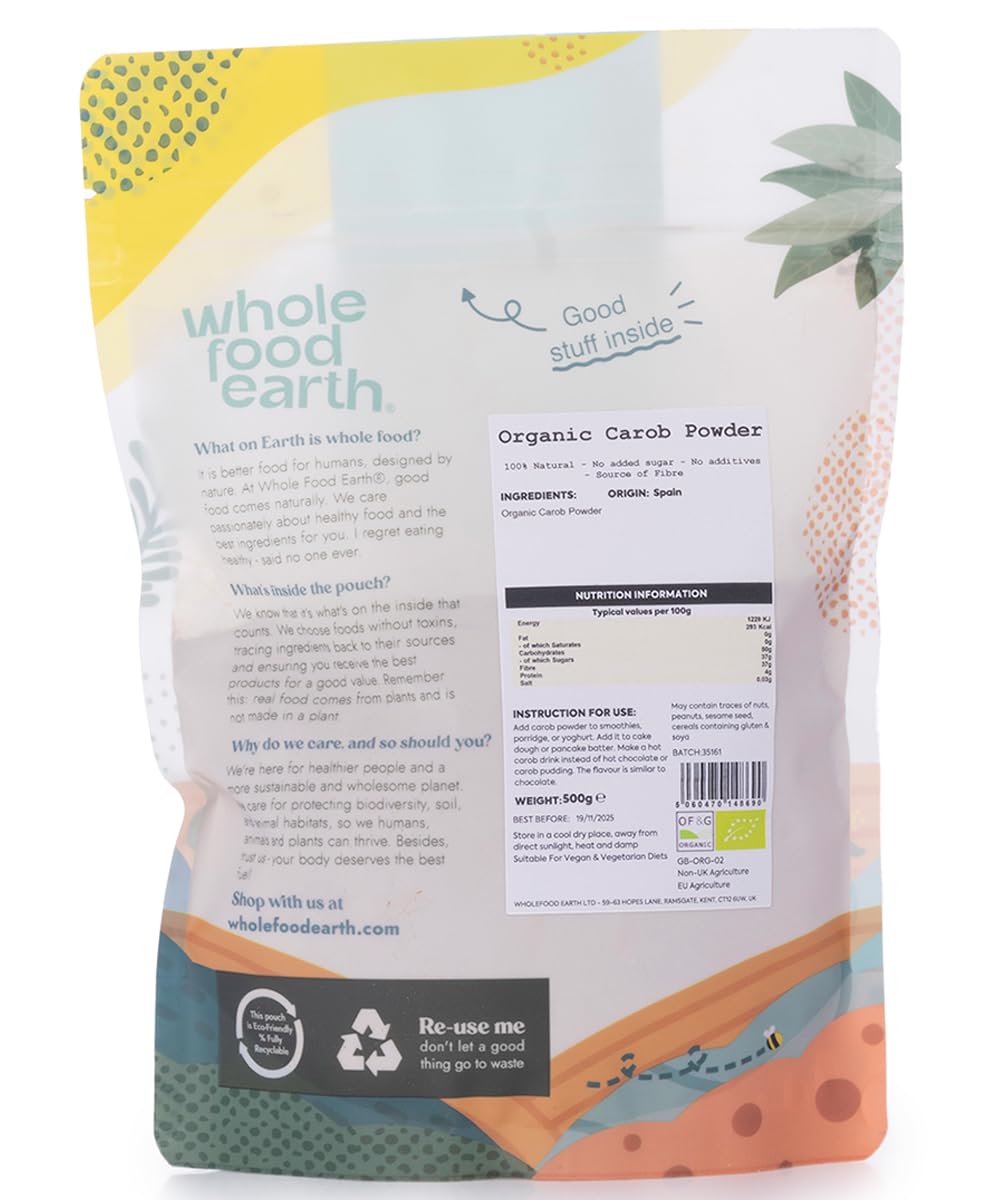 Wholefood Earth Organic Carob Powder - Vegan, High Fibre, Caffeine-Free | 500g