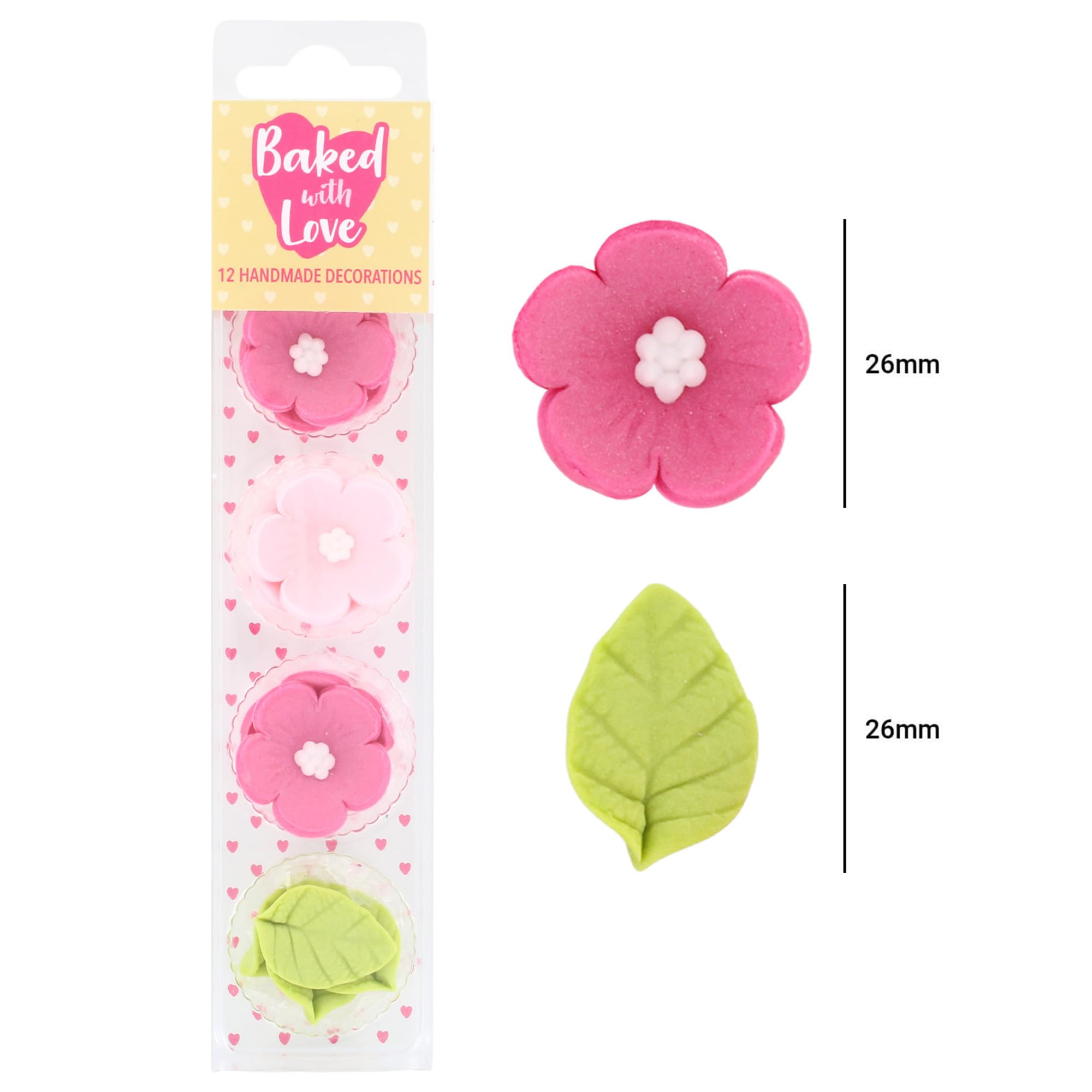Baked with Love - 12 Pack Handmade Edible Sugar Flowers and Leaves Cupcake Toppers | Pink & Green 4