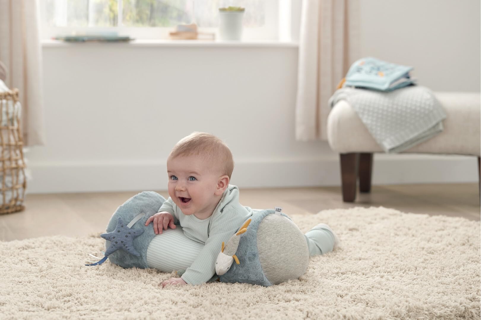 Mamas & Papas - Tummy Time Roll Interactive Soft Baby Pillow with Rattle, Welcome to The World, Blue 4